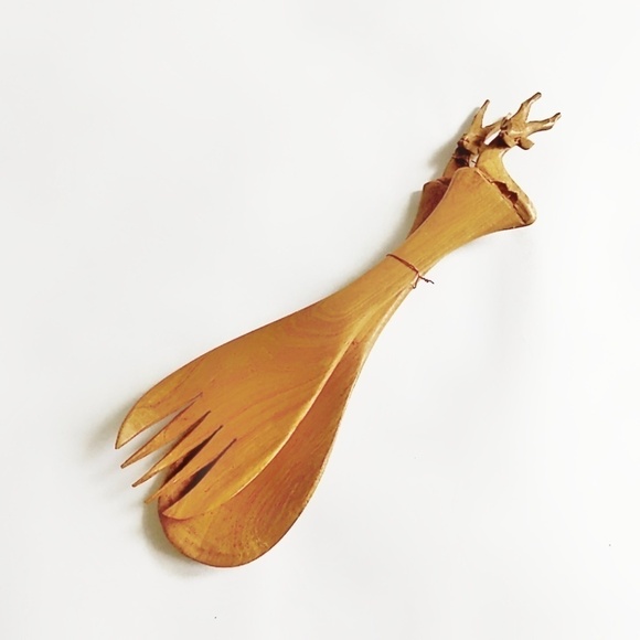 VINTAGE Wooden Salad Serving Fork Spoon Carved Brown Elk Salad Kenya - Picture 9 of 10